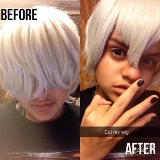 Mya in 2015, doing her first-ever solo style-&-cut of a wig, for Kaneki Ken from Tokya Ghoul